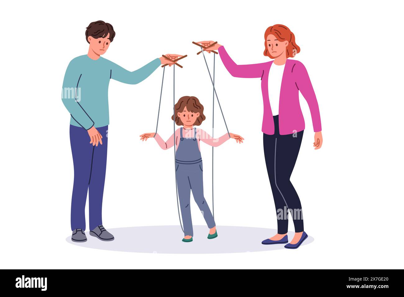 Bad parents manipulate child using strings of puppeteers to raise unhappy daughter Stock Vector