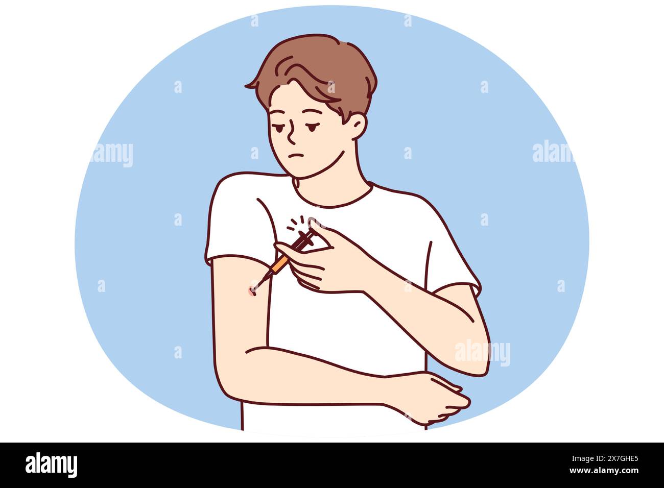 Man with diabetes makes injection in arm to lower blood sugar and avoid insulin shock. Guy is experiencing problems and need for regular injections after suffering from diabetes or infectious flu Stock Vector