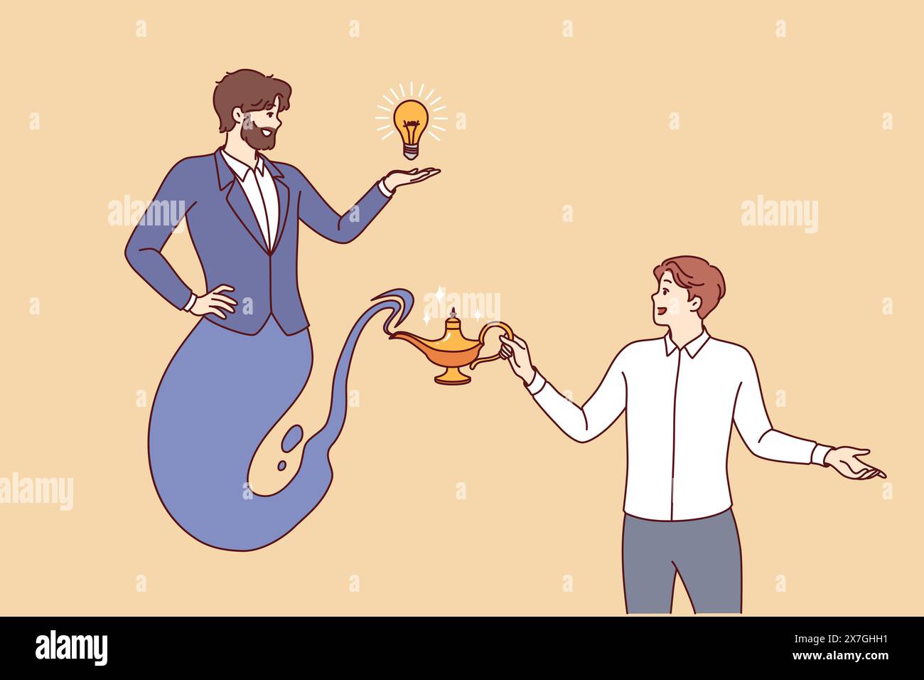 Business man releases genie from jug to get idea for developing company or attracting clients. Genie or aladin grants wish of office employee looking for ways to grow and prosper in career Stock Vector