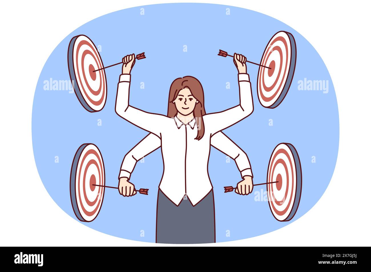 Professional multi-armed woman manager strikes performs several business goals at same time multitasking. girl among targets for darts symbolizes concentration on professional skills and goals Stock Vector