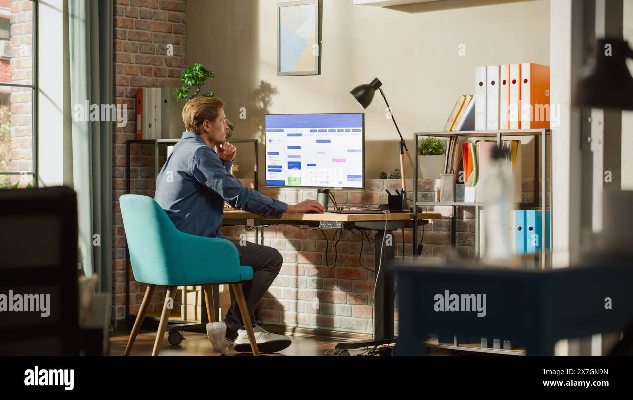 Remote Work Concept: Man Using Desktop Computer With Office Software to ...