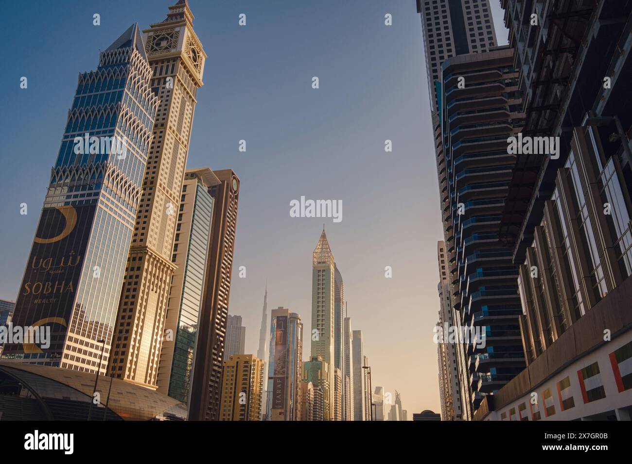 Dubai, UAE - January 16, 2024: Dubai museum of the Future from sheikh zayed road. Modern futuristic Museum built according designed by architect Shaun Killa. Cityscape skyline. Stock Photo