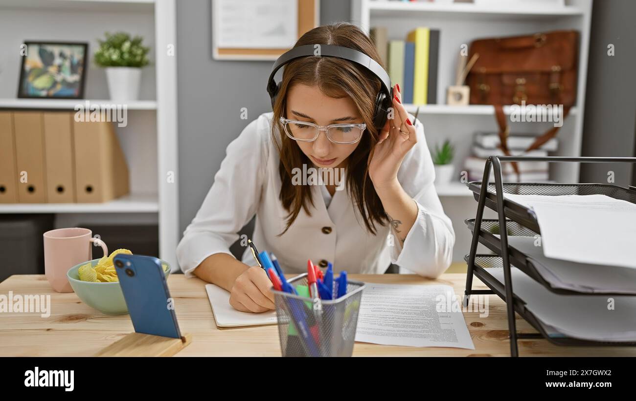 Focused brunette woman with headphones working at a modern office desk ...