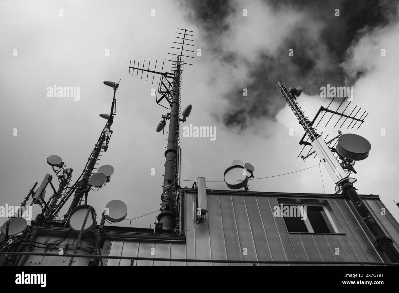 Radio tower, antennas, sky, clouds, satellite station, telecommunications Stock Photo