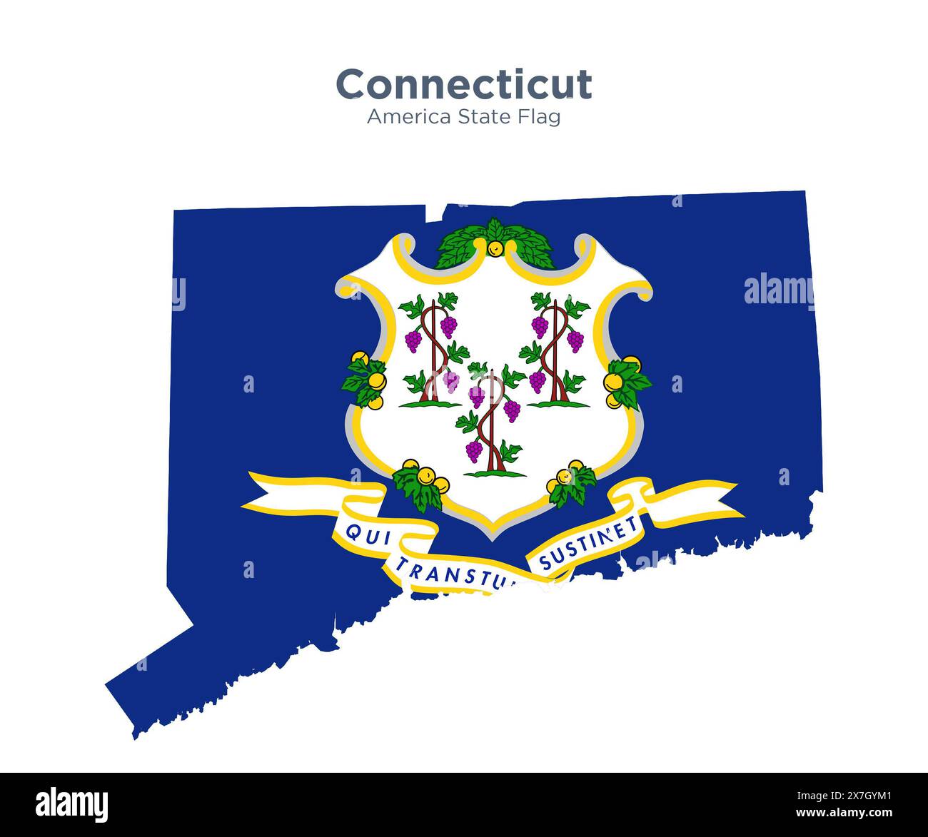 Connecticut flag and map. Flags of the U.S. states and territories. America states flag and map on white background. Stock Photo