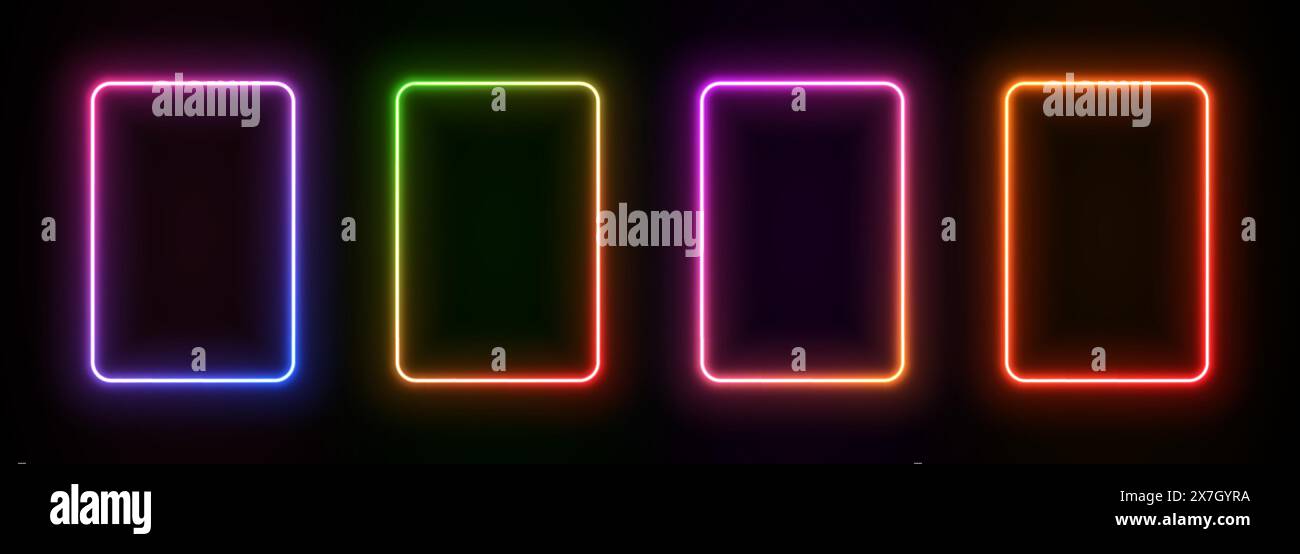 Light neon rectangle frame. Glow laser border on a black background. Led vertical box. Electric futuristic doors. Fluorescent templates for design with text. Stock Vector