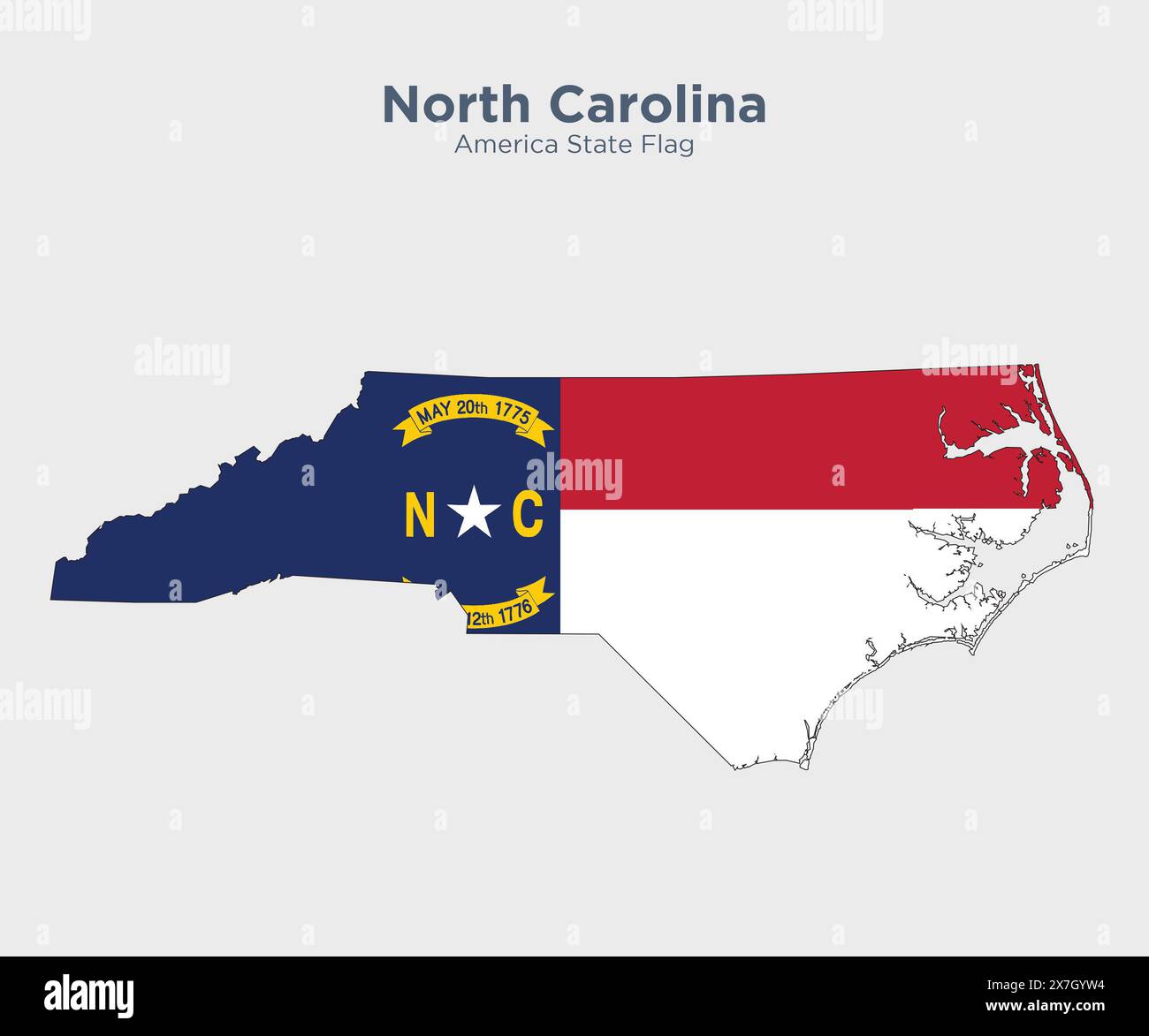North Carolina flag and map. Flags of the U.S. states and territories. America states flag and map on white background. Stock Photo