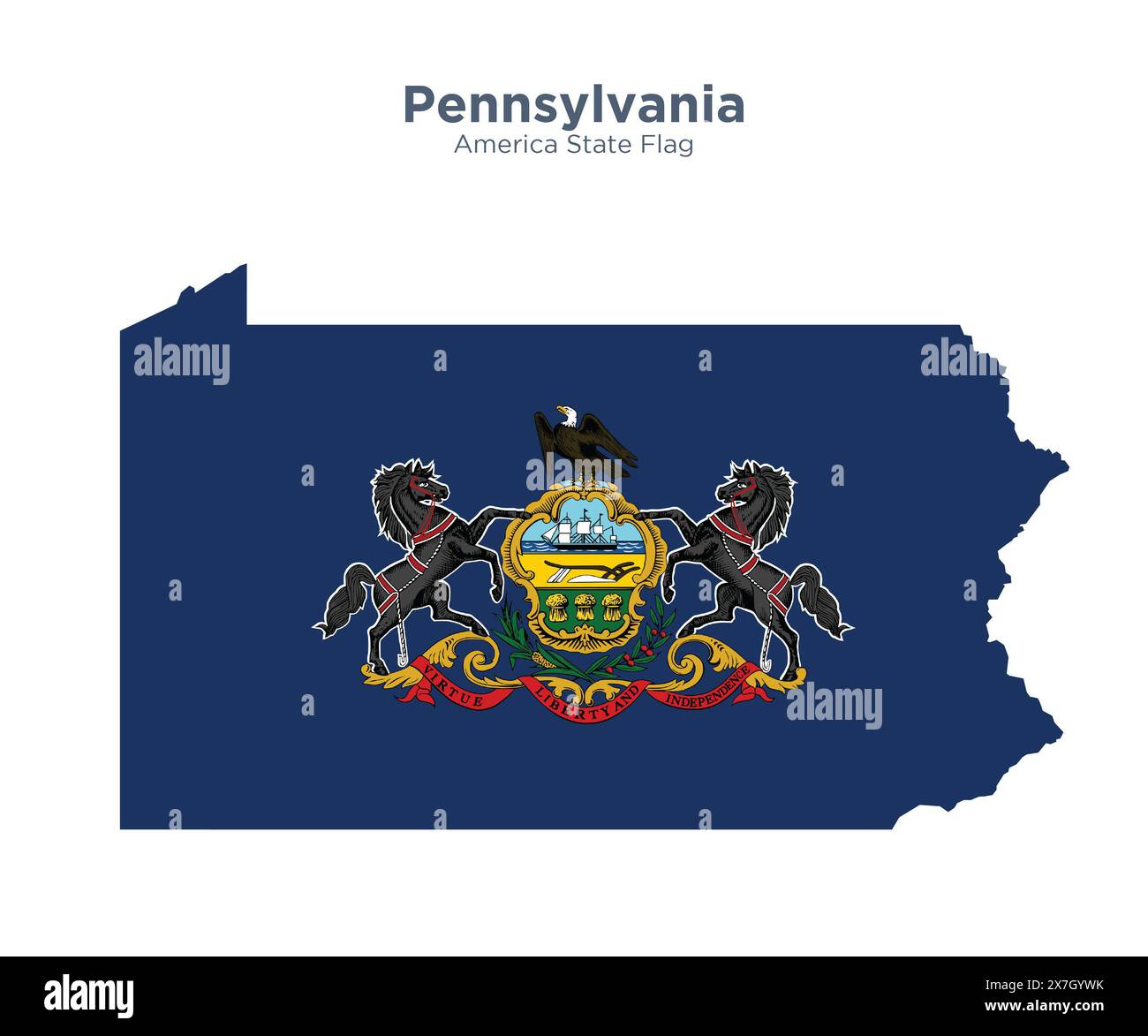 Pennsylvania flag and map. Flags of the U.S. states and territories. America states flag and map on white background. Stock Photo