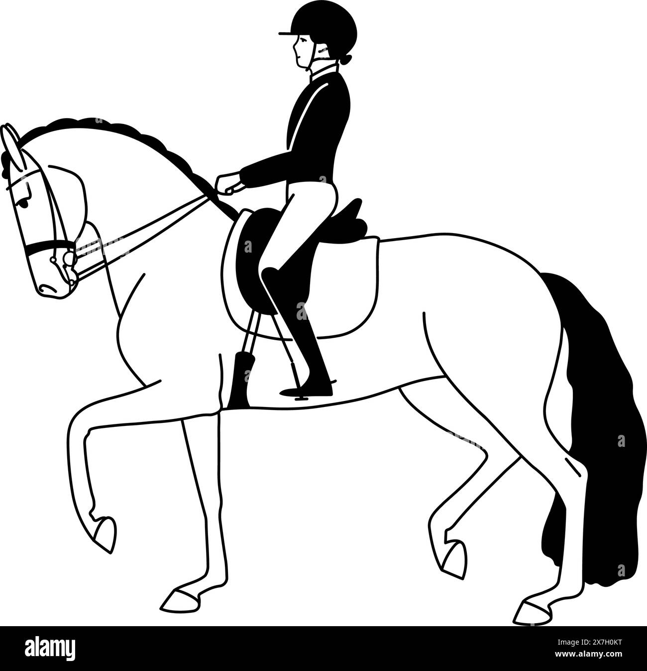 Black and white concise image of a dressage rider on a horse. Vector illustration Stock Vector