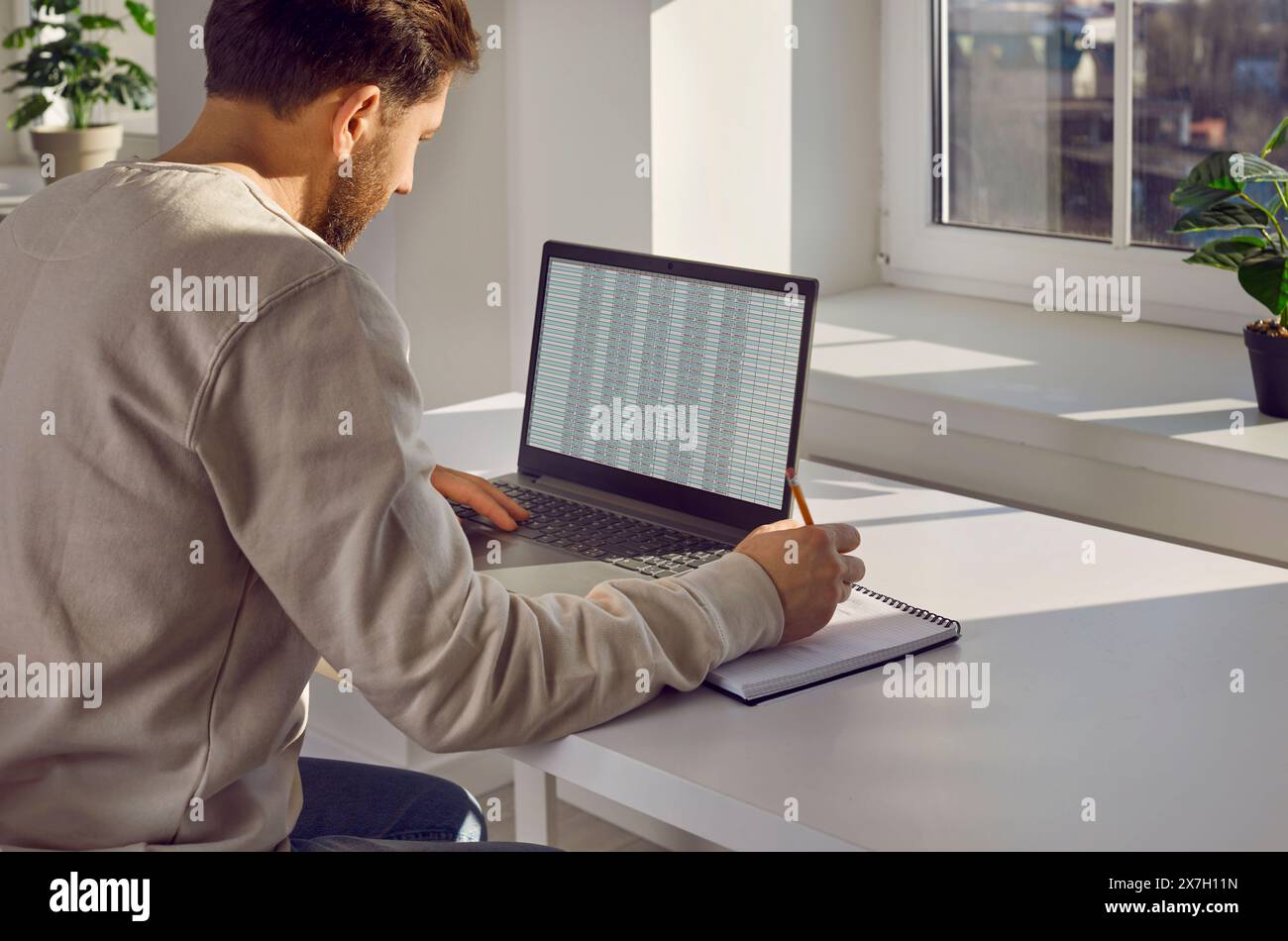 Businessman checking spreadsheet on computer screen in office Stock Photo
