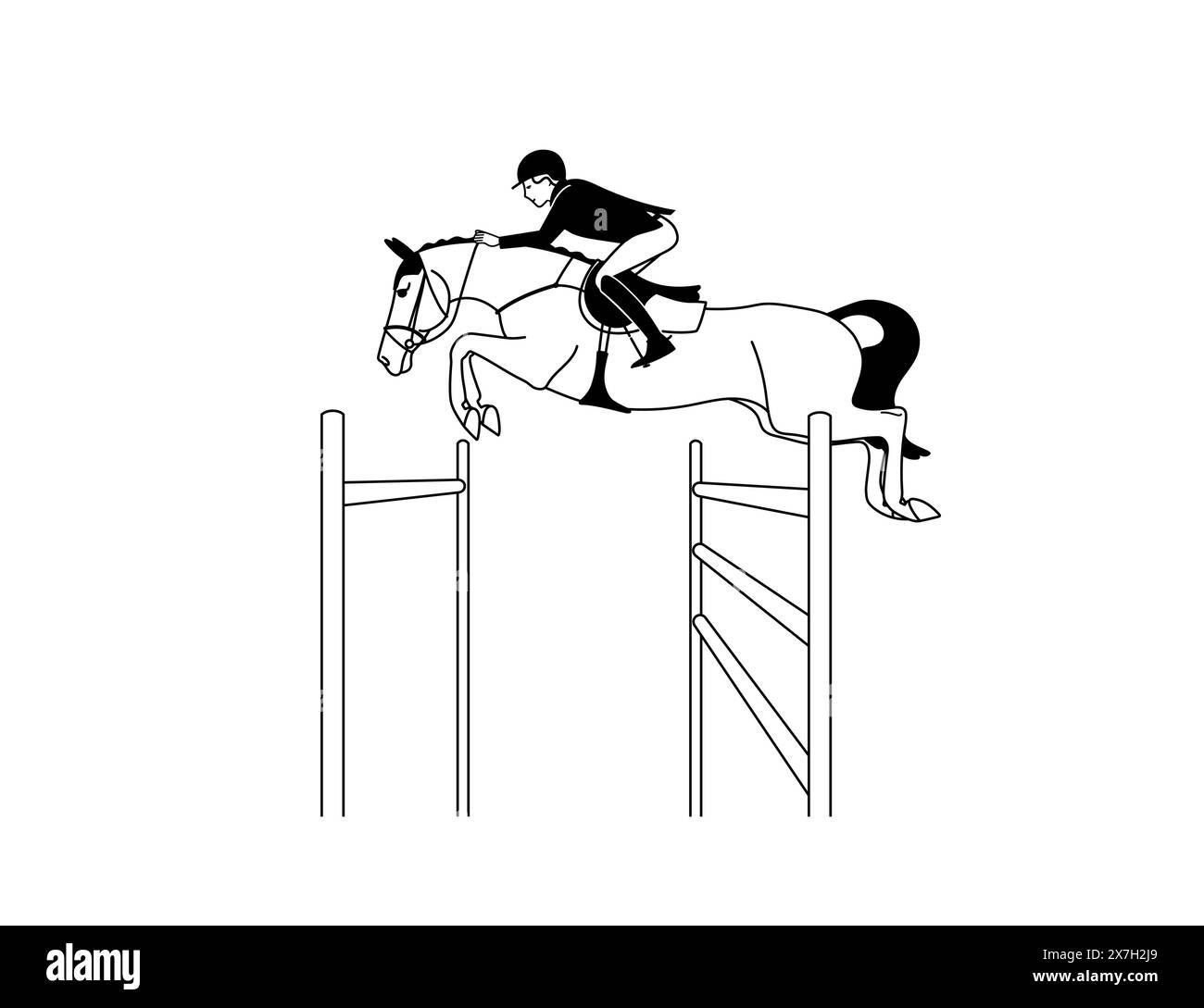 Black and white stylish image of an athlete on a horse, equestrian sports, show jumping Stock