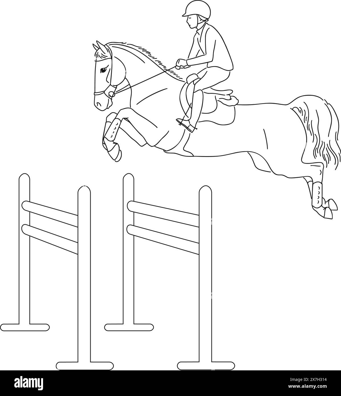 At a show jumping competition. Rider with horse jumping over the hurdle Stock Vector Image & Art