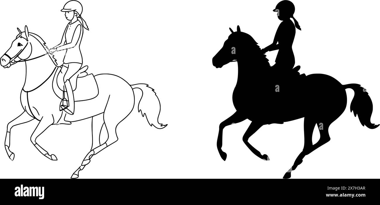 Line drawing and silhouette of a girl rider and a sports pony. Vector illustration Stock Vector