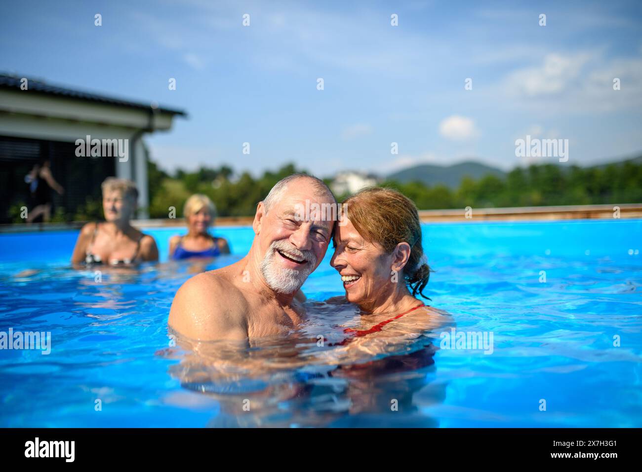 Senior Pool Fun Group of cheerful seniors shaving fun in pool jumping, swiming and ...