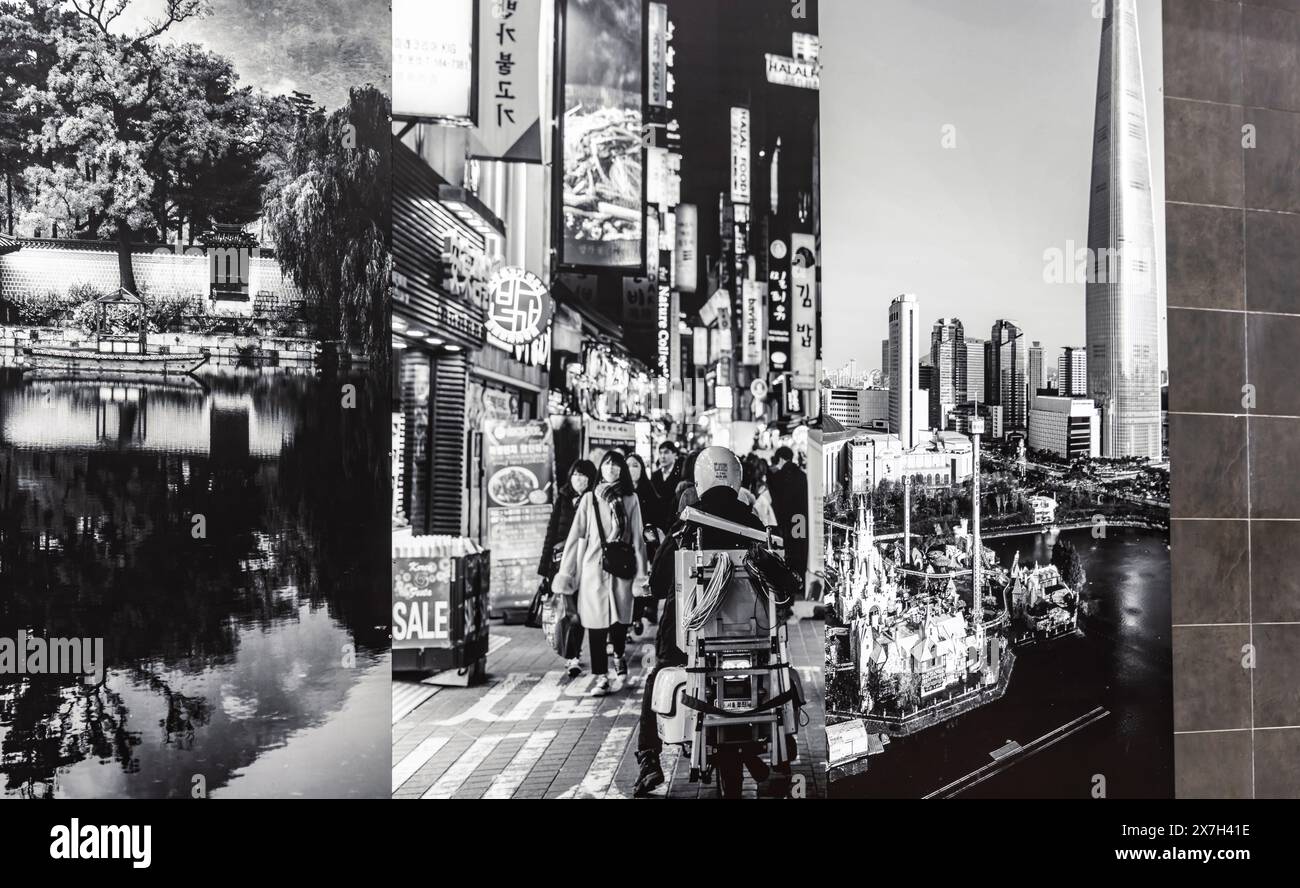 closeup image of a three panel black and white image depicting three enviorments Stock Photo