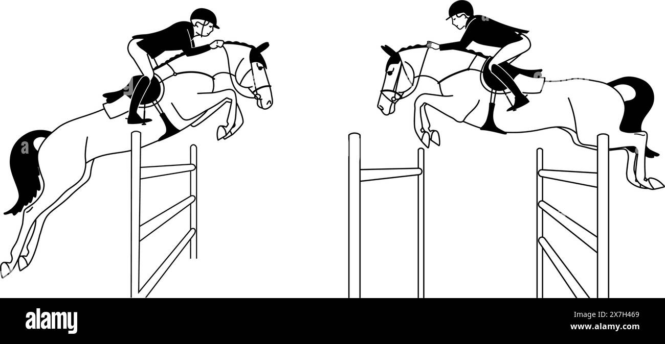 Black and white set with riders and horses during show jumping ...