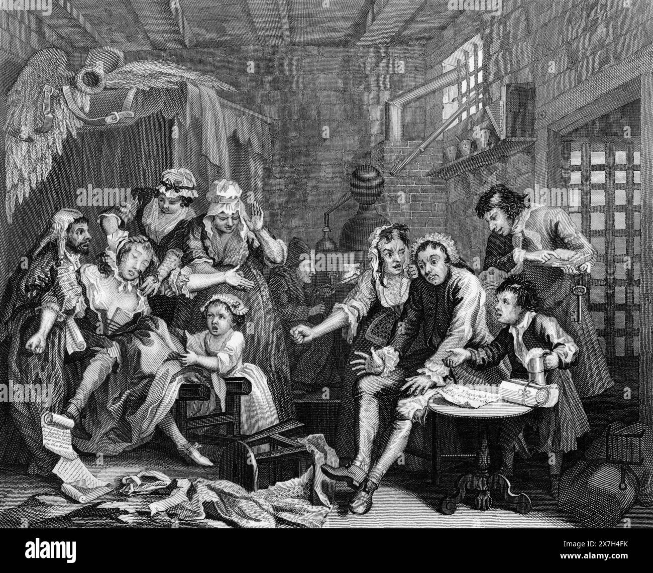 Black and White Illustration: 'Prison Scene'. Engraving after William Hogarth (1697 - 1764)  from his series, 'The Rake's Progress' Stock Photo