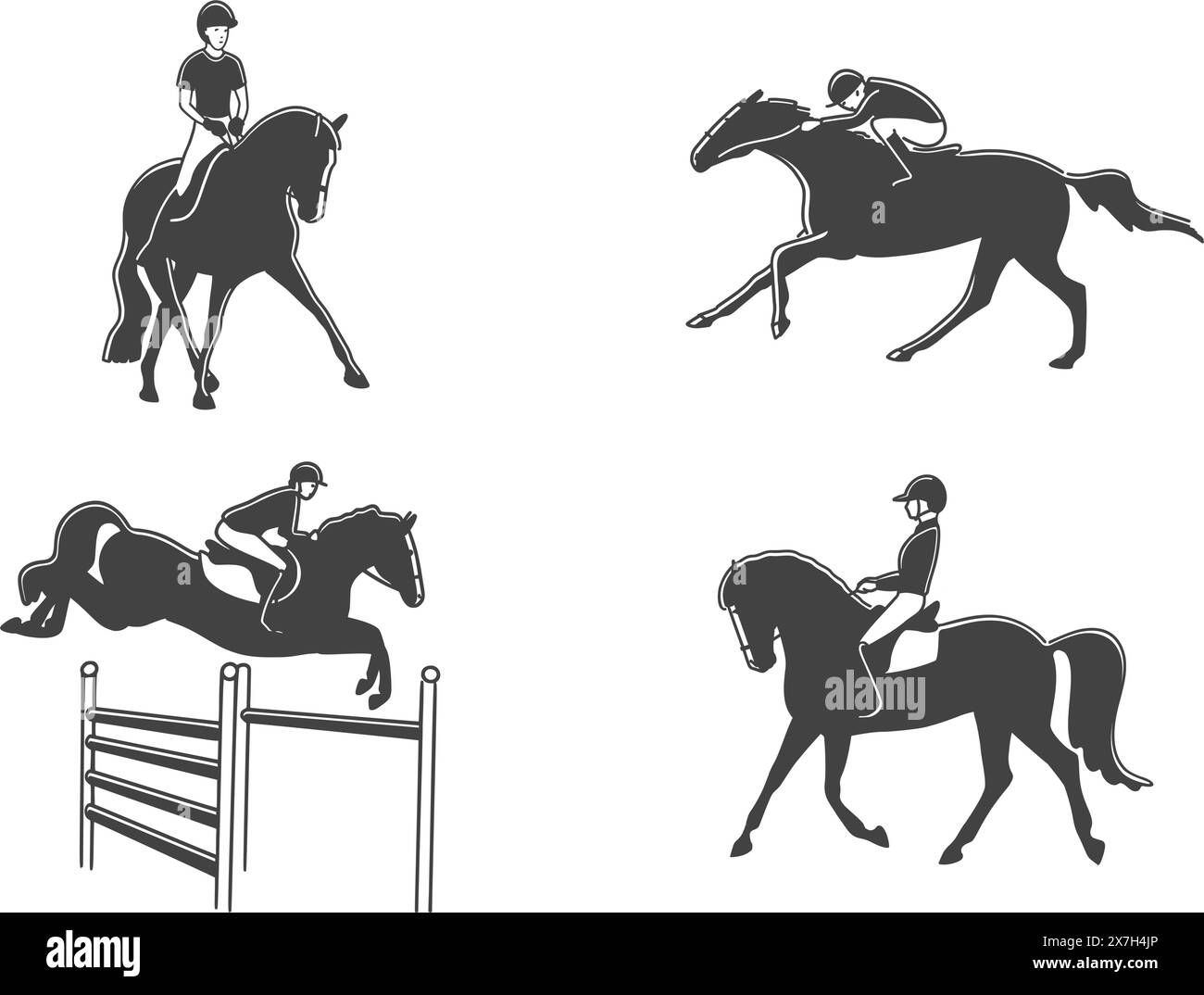 Horses and riders stylized silhouettes, equestrian, dressage, show jumping, horse racing Stock Vector
