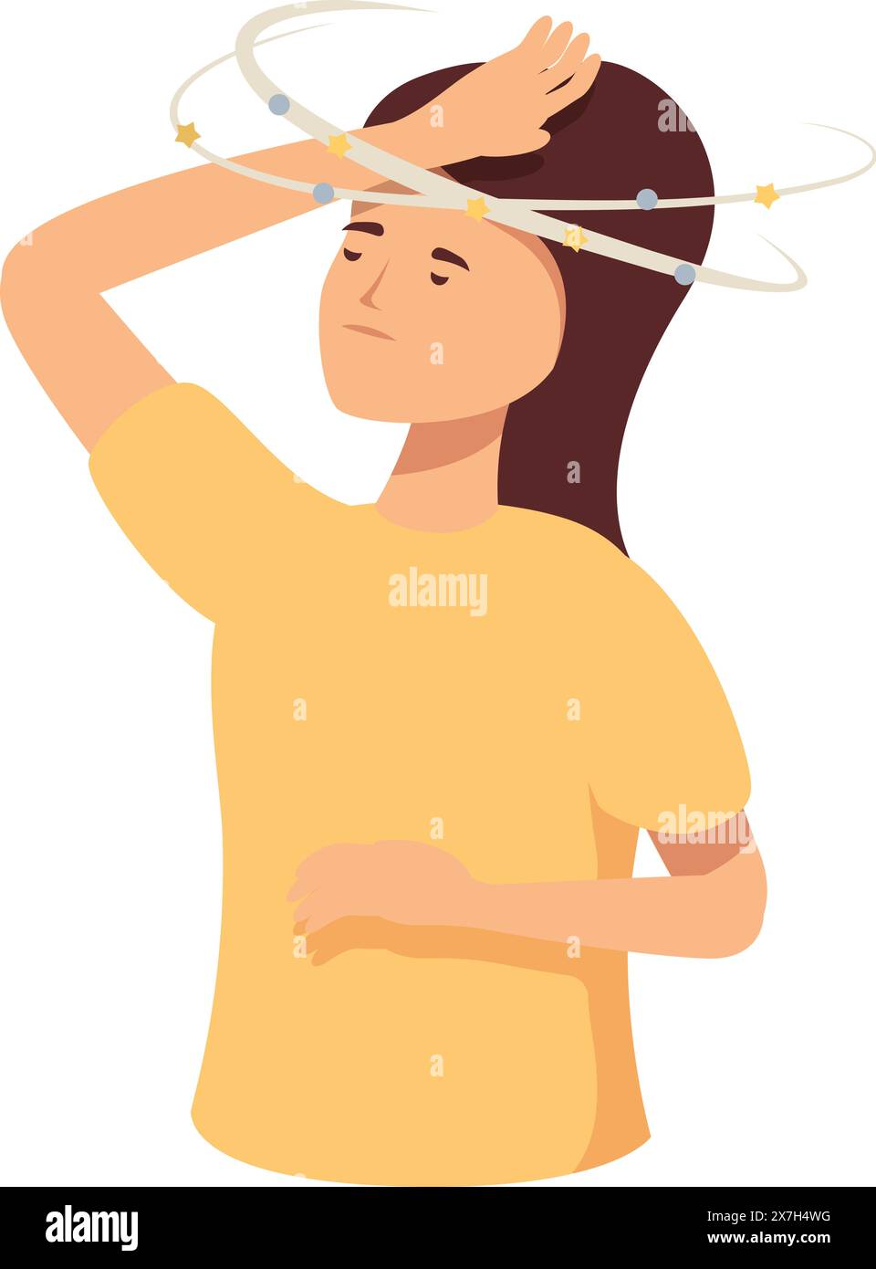 Illustration of a young woman feeling dizzy. Unwell. And disoriented