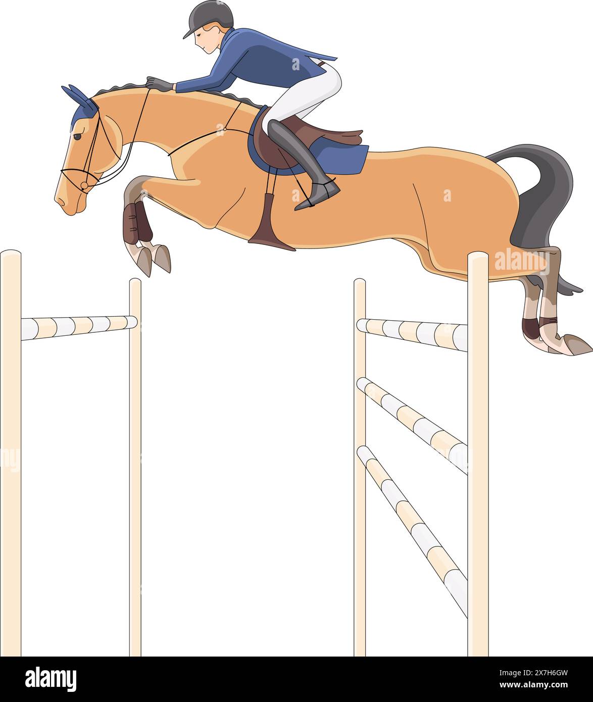 Equestrian sports, show jumping. An athlete on a horse overcomes a high ...