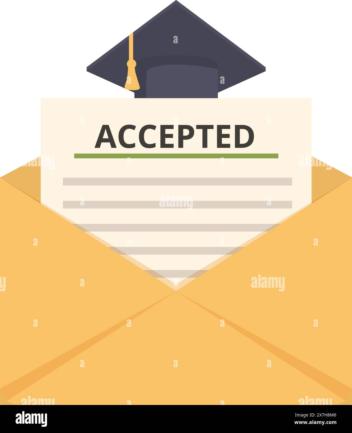 Flat design vector illustration concept of graduation acceptance letter symbolizing academic success. Achievement. And scholarly attainment in higher education with cap. Diploma. And certificate Stock Vector