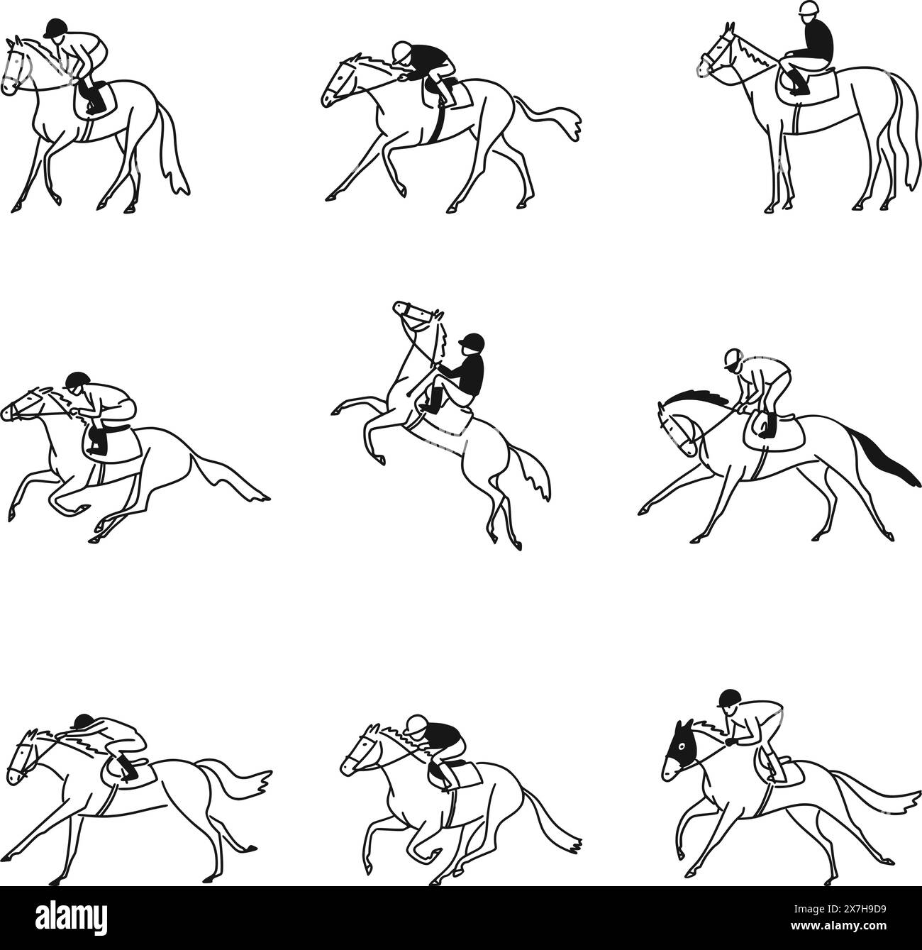 Horse racing set in line art drawing style Stock Vector
