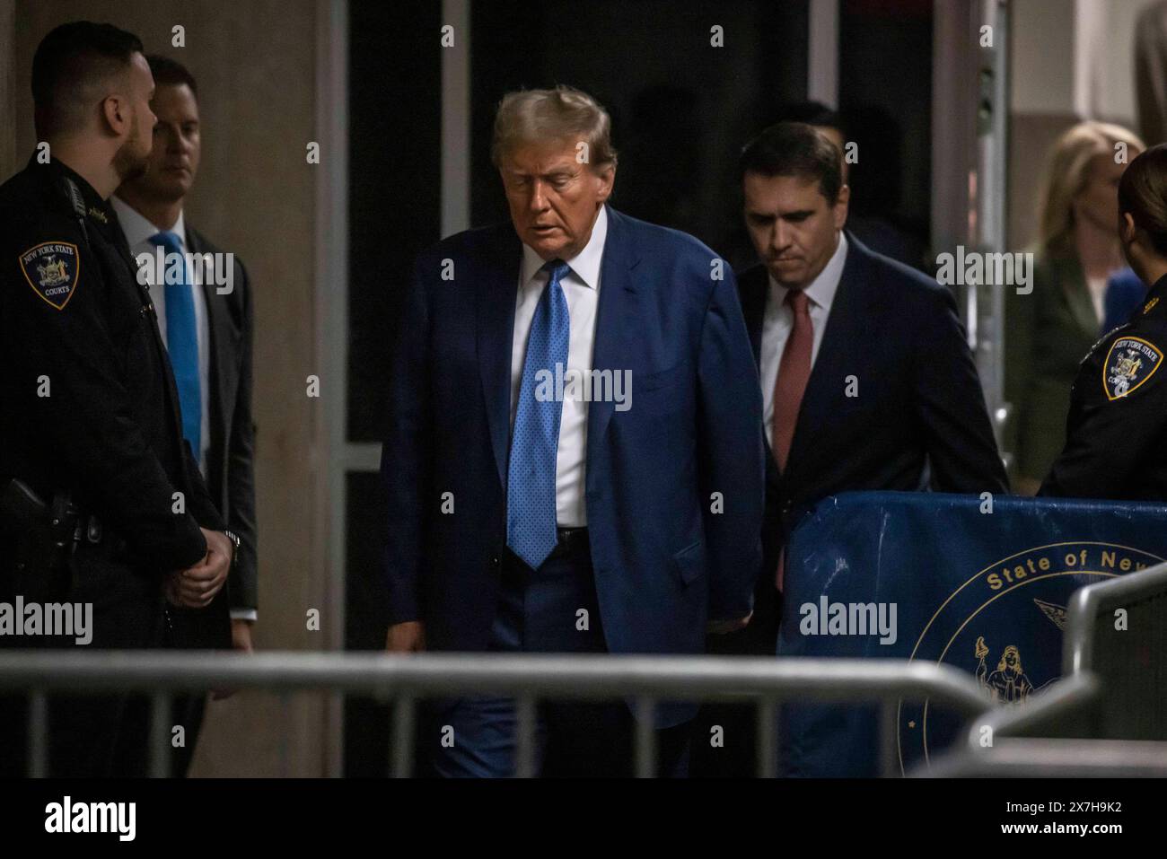 New York, USA. 20th May, 2024. Former U.S. President Donald Trump arrives for his hush money trial at Manhattan Criminal Court on May 20, 2024 in New York City. Michael Cohen, Trump's former attorney, will take the stand again to continue his cross examination by the defense in the former president's hush money trial. Cohen is the prosecution's final witness in the trial and are expected to rest their case this week. Cohen's $130,000 payment to Stormy Daniels is tied to Trump's 34 felony counts of falsifying business records in the first of his criminal cases to go to trial. Credit: UPI/Alamy  Stock Photo