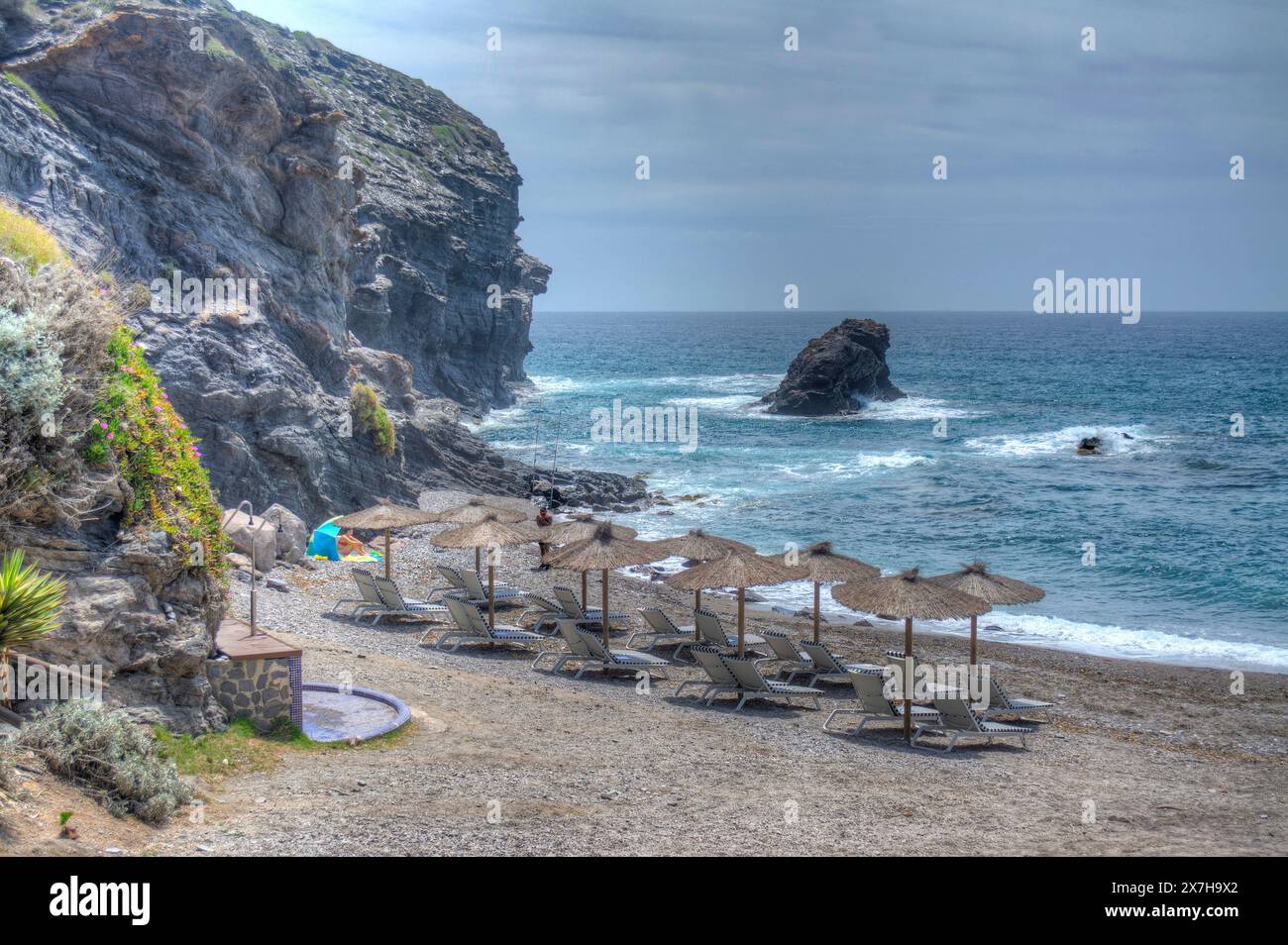 HDR image of the Beach and La Cala restaurant at Cala del Barco in La Manga Golf Resort Murcia Spain Stock Photo