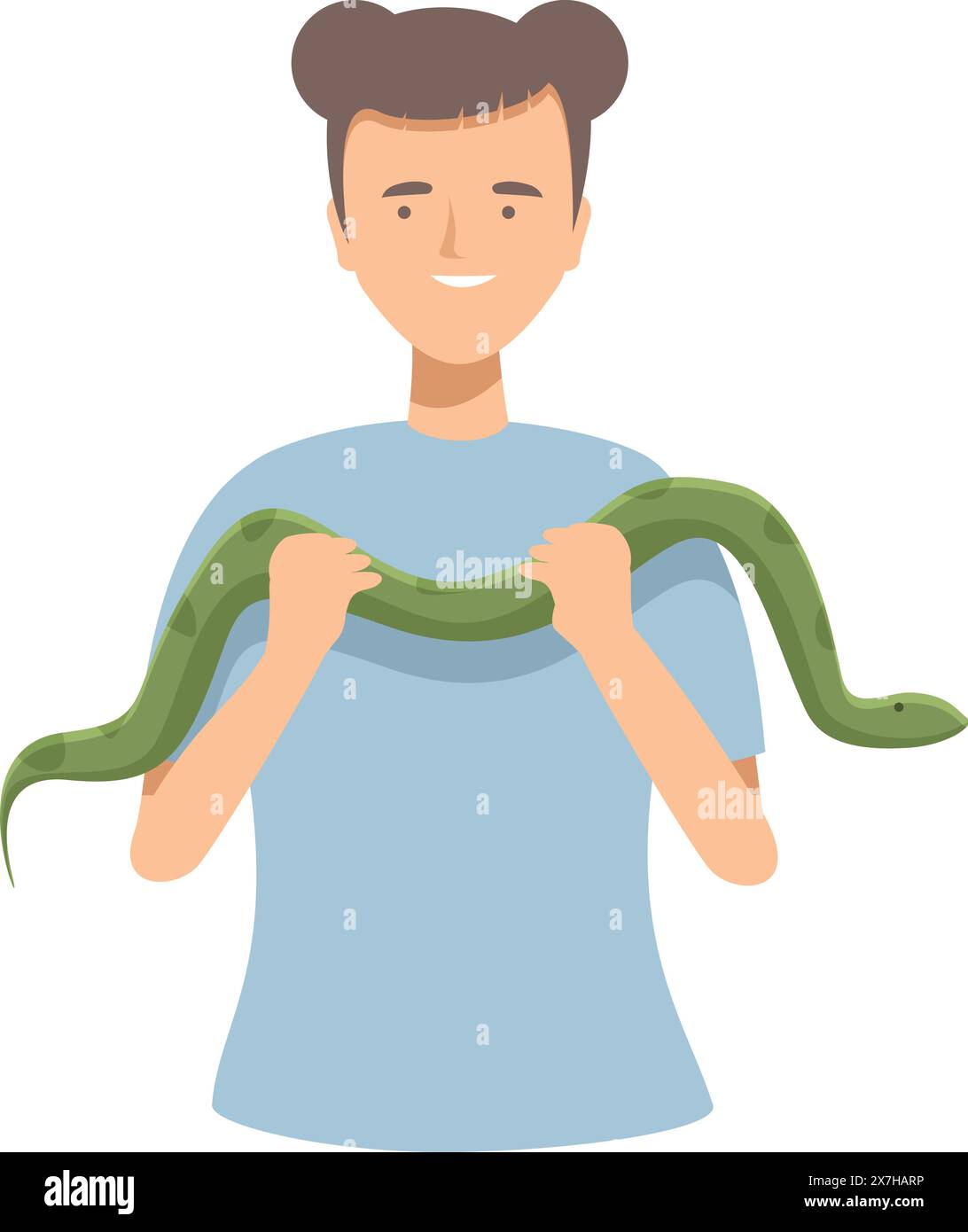 A vector illustration of a happy young man with his pet snake wrapped around his neck Stock Vector