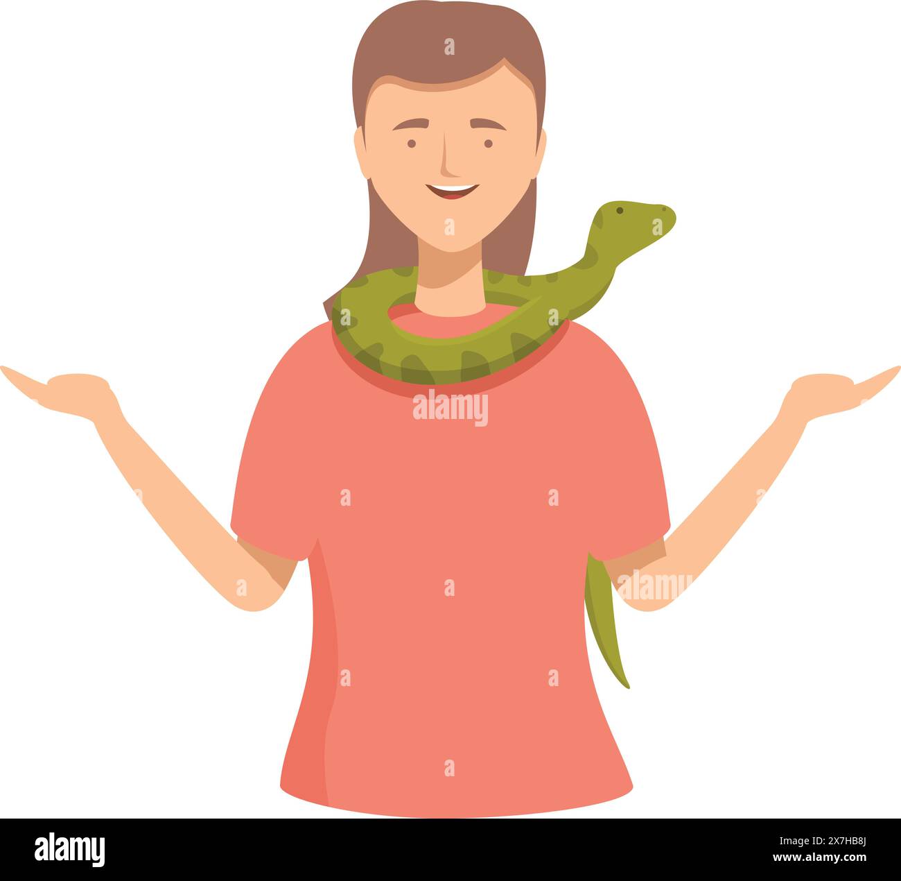 Cheerful animated woman with a green snake around her neck, showing harmony with nature Stock Vector