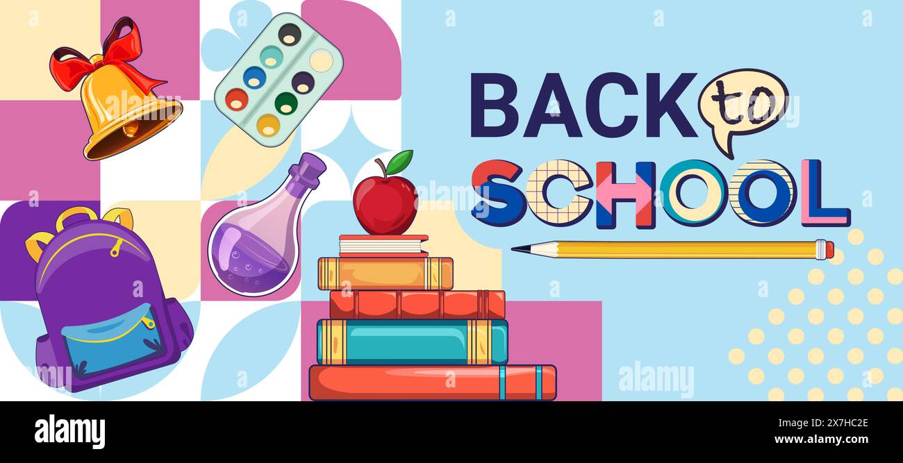 Back to School Sale concept. Welcome to school poster template with school stuff vector illustrations placed in square blocks. Trendy poster on Stock Vector