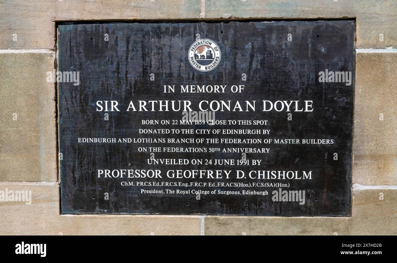 Arthur Conan Doyle commemorative plaque with information at Picardy Place had been refurbished  a few years ago, Edinburgh, Scotland, UK Stock Photo