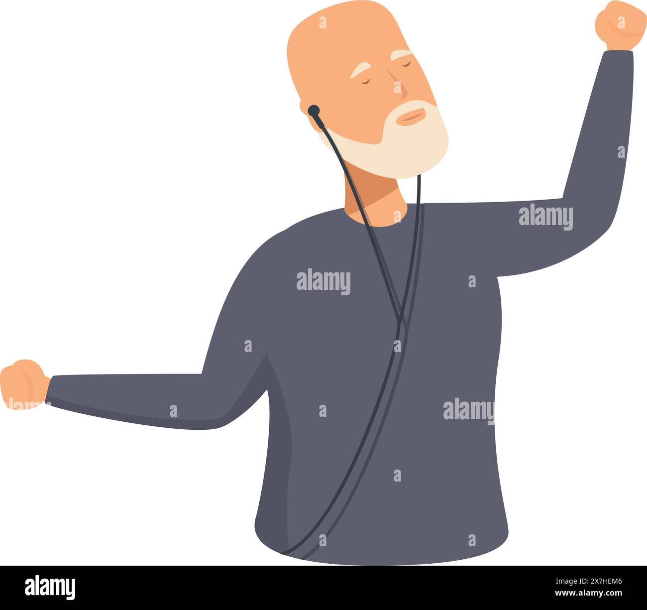 Joyful senior male casually dressed, listens to music with closed eyes and raised fists Stock Vector