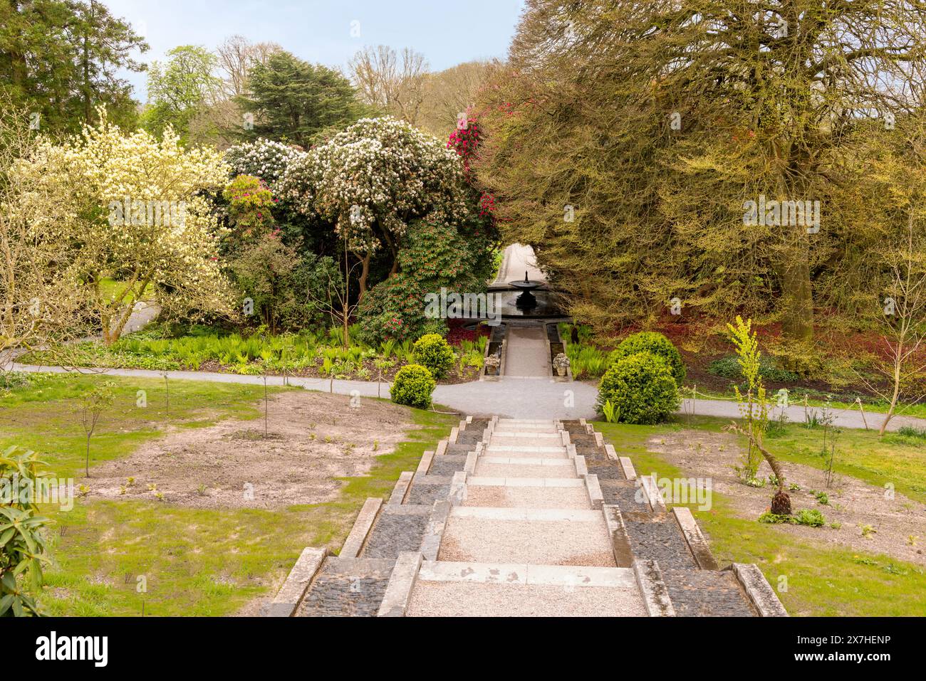 Holker Hall Formal Gardens in spring, viewed from the limestone cascade, Grange-over-Sands, Cumbria, England, Great Britain, Great Britain. Stock Photo
