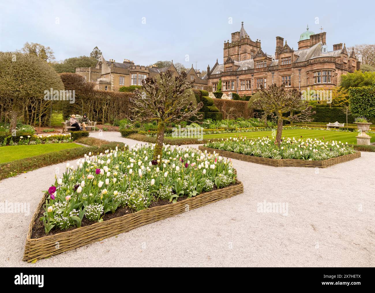Formal Gardens of Holker Hall, Cark-in-Cartmel, in south Cumbria, close to the edge of the Lake District National Park, England, Great Britain. Stock Photo