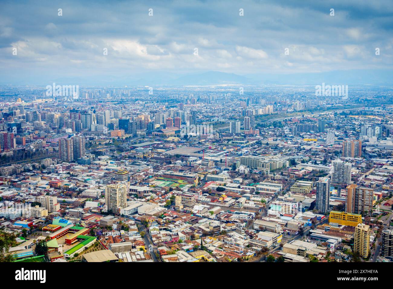 Beautiful view of Santiago skyline from Cerro San Cristobal park in the center of Santiago, Chile Stock Photo
