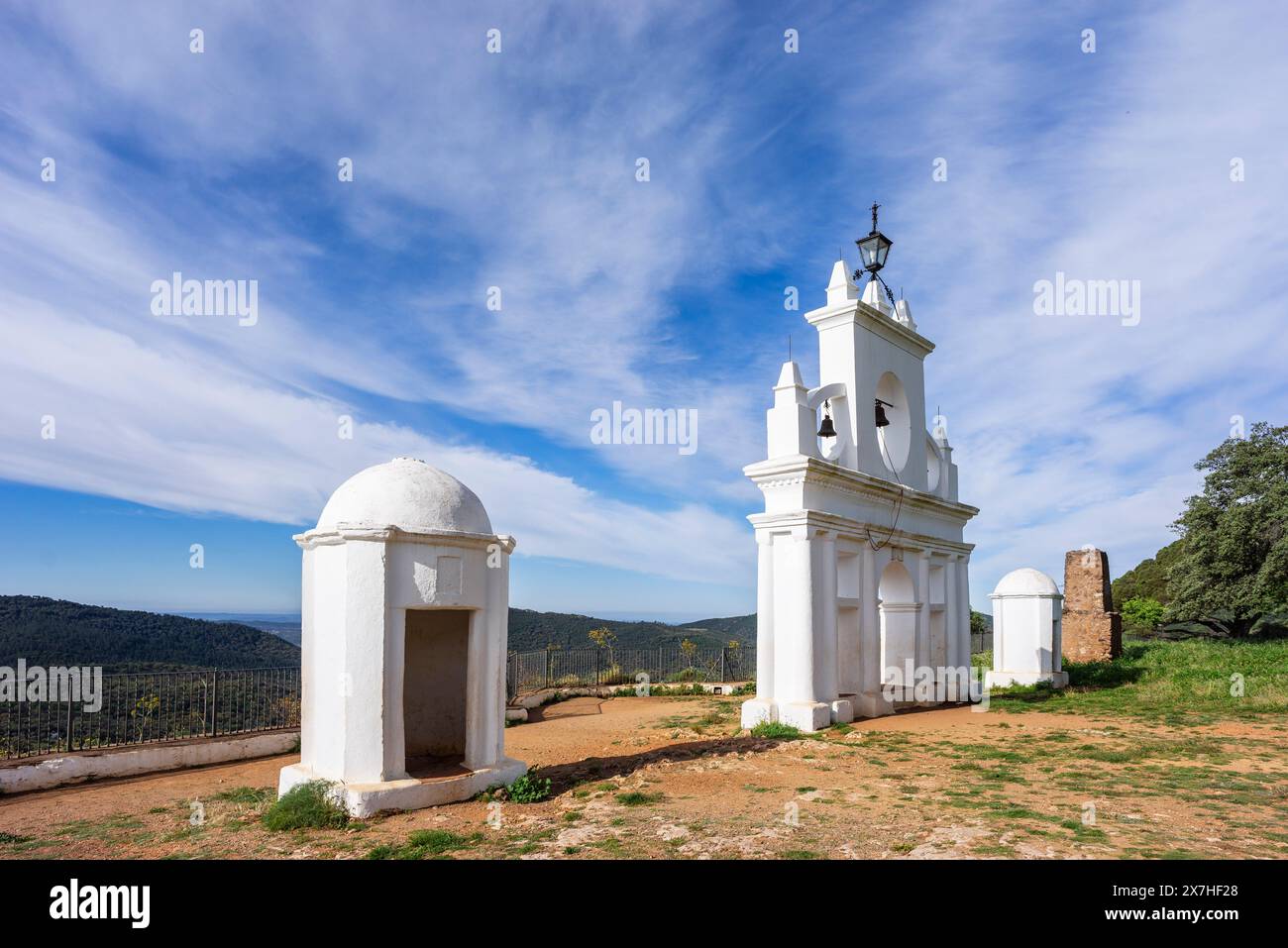 Bell tower of the Queen of the Angels Hermitage, Peña de Arias Montano, Alájar, Huelva, Andalusia, Spain Stock Photo