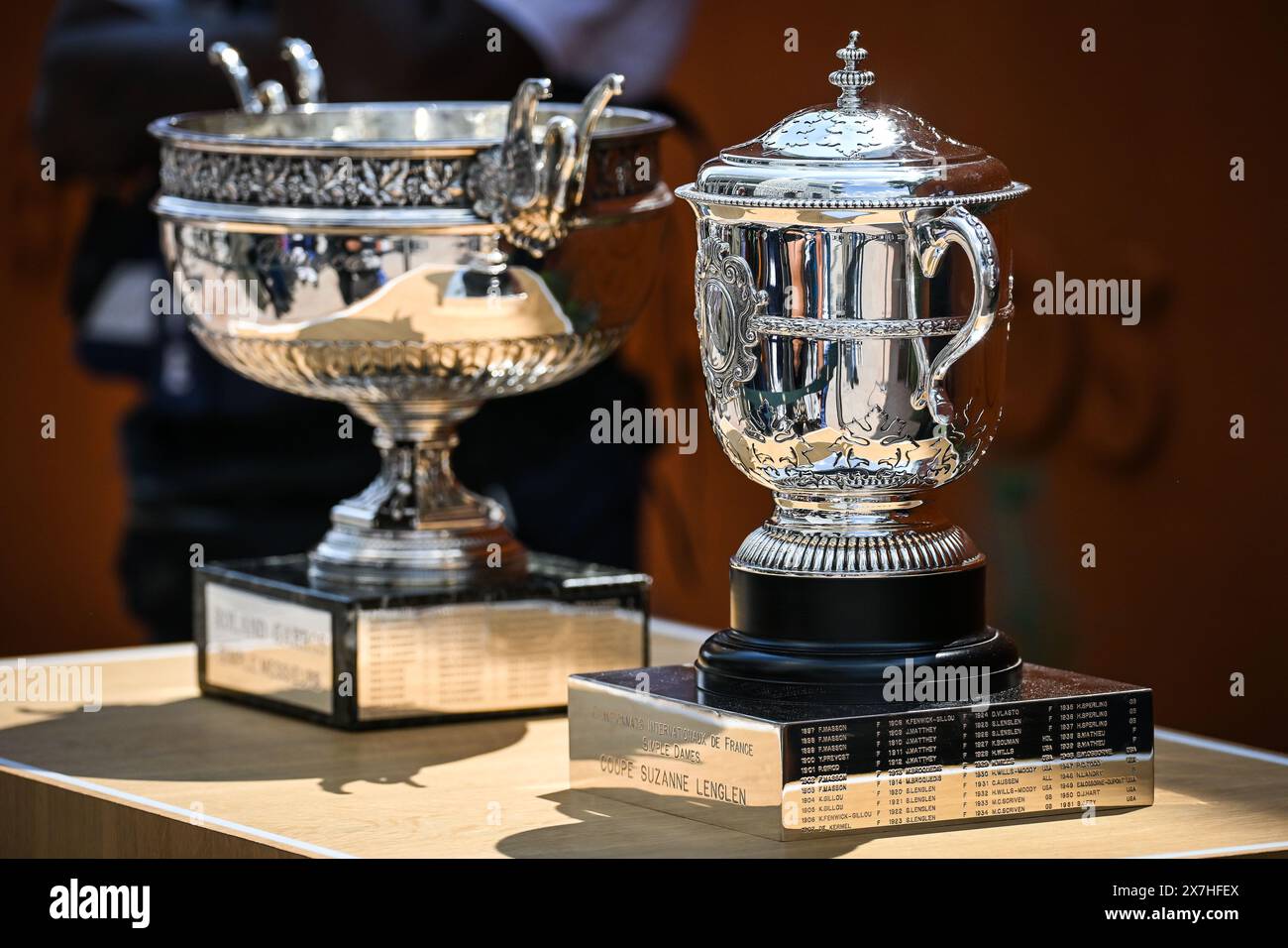 Paris, France. 20th May, 2024. Exhibition of the Roland Garros trophies in the men's and women's individual category during Roland-Garros 2024, ATP and WTA Grand Slam tennis tournament on May 20, 2024 at Roland-Garros stadium in Paris, France - Photo Matthieu Mirville/DPPI Credit: DPPI Media/Alamy Live News Stock Photo