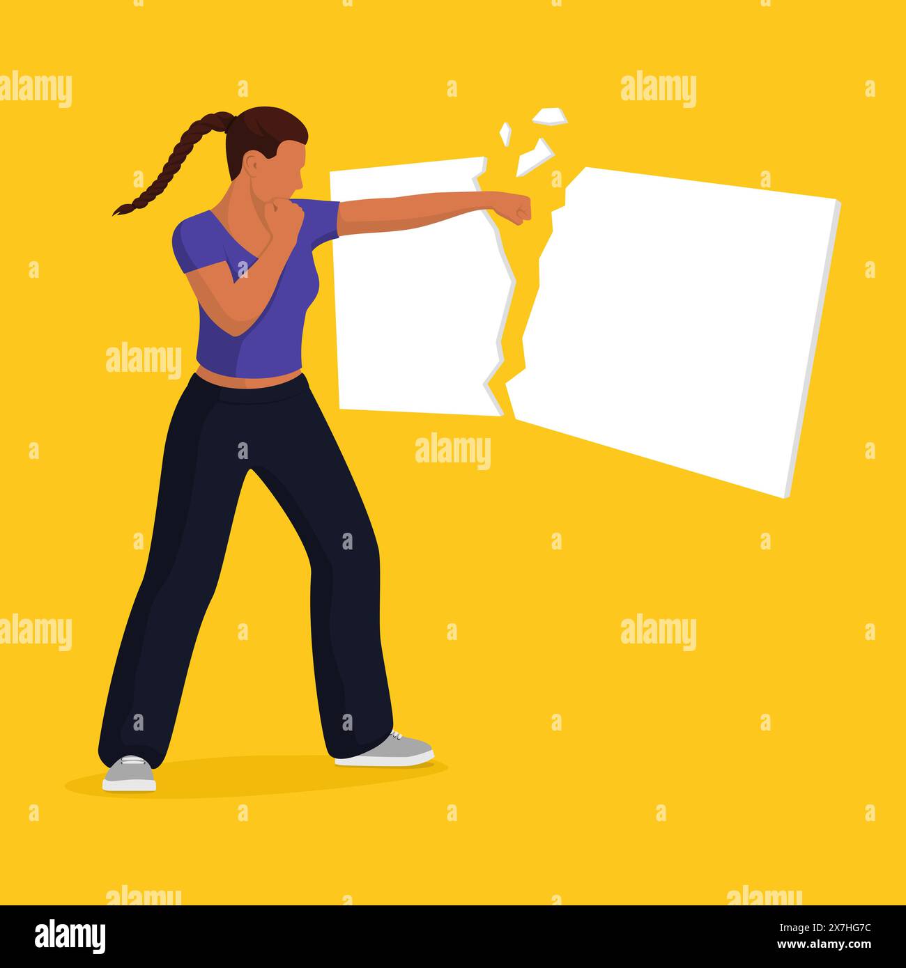 Confident strong woman breaking a blank sign with a fist Stock Vector