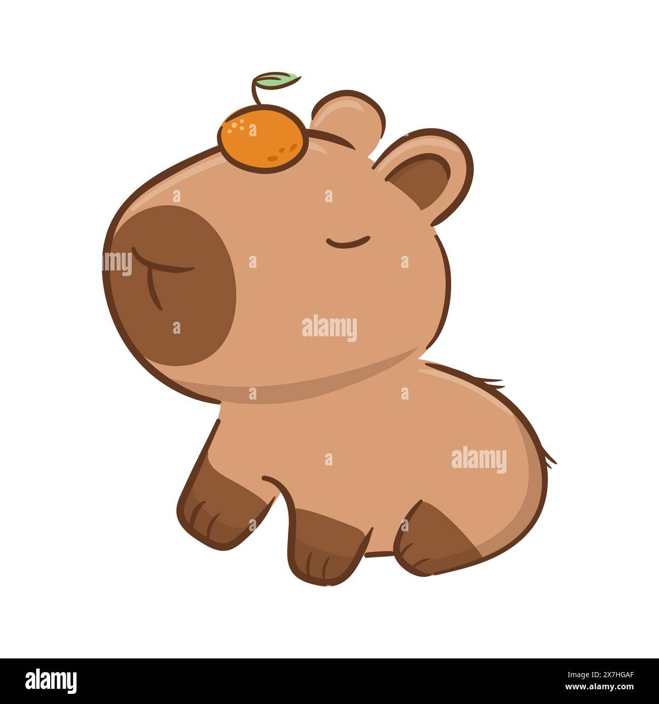 Cute capybara with a tangerine on her head in Asian kawaii style. Cartoon character. Funny vector illustration for stickers, logo, mascot, isolated el Stock Vector