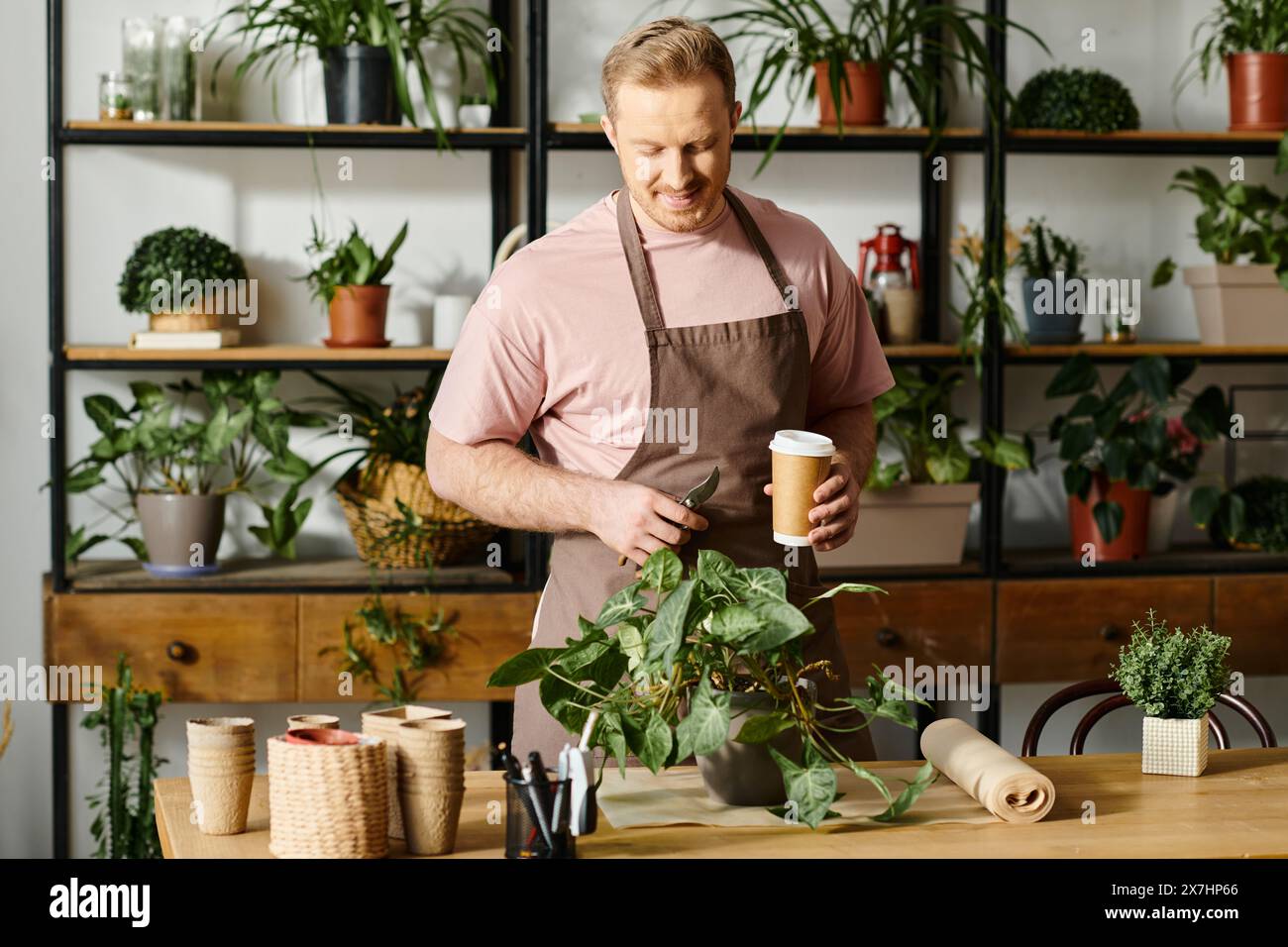 A charismatic man in an apron enjoys a cup of coffee in his plant shop, embodying the essence of entrepreneurship. Stock Photo