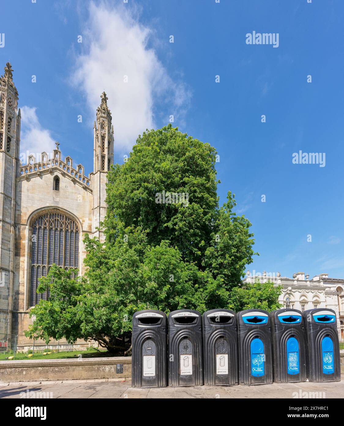 A row of rubbish bins in front of the chapel at King's College