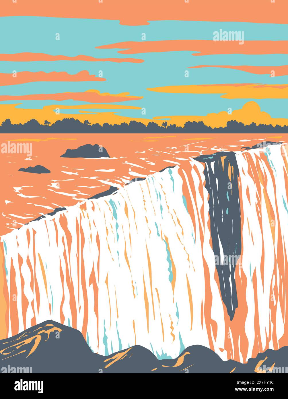 WPA poster art of the Victoria Falls of the Zambezi River, border between Zambia and Zimbabwe in southern Africa done in works project administration Stock Vector
