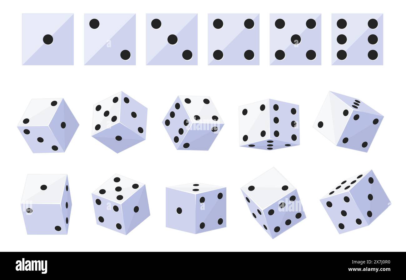 White casino dice. Gamble and risky board games. 3D cubes top and side view. Black dot numbers. Different angles positions. Square shapes. Craps and p Stock Vector