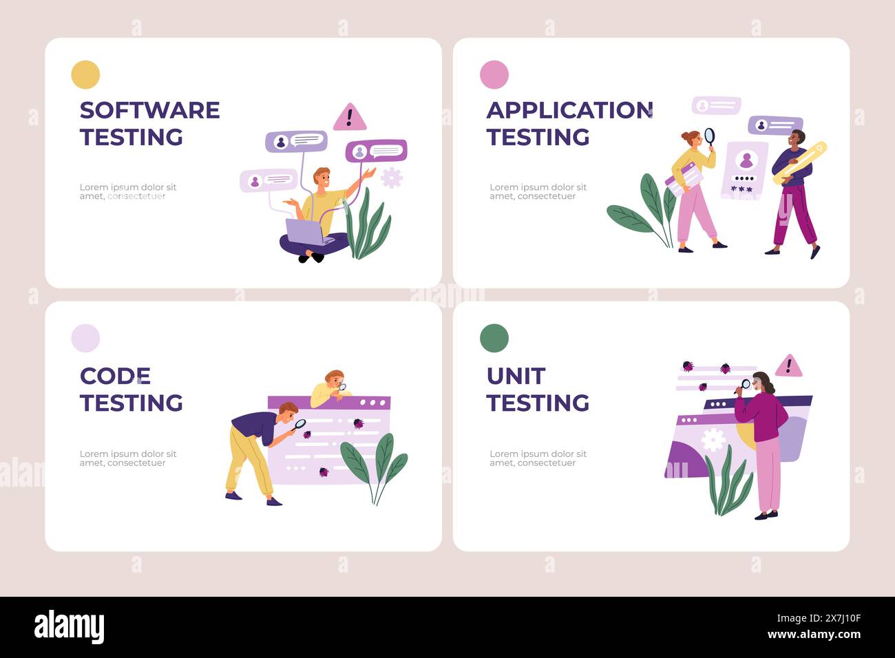Mobile application testing. Landing page. Checking program code for errors. Internet app software. Young people looking for digital bugs. IT specialis Stock Vector