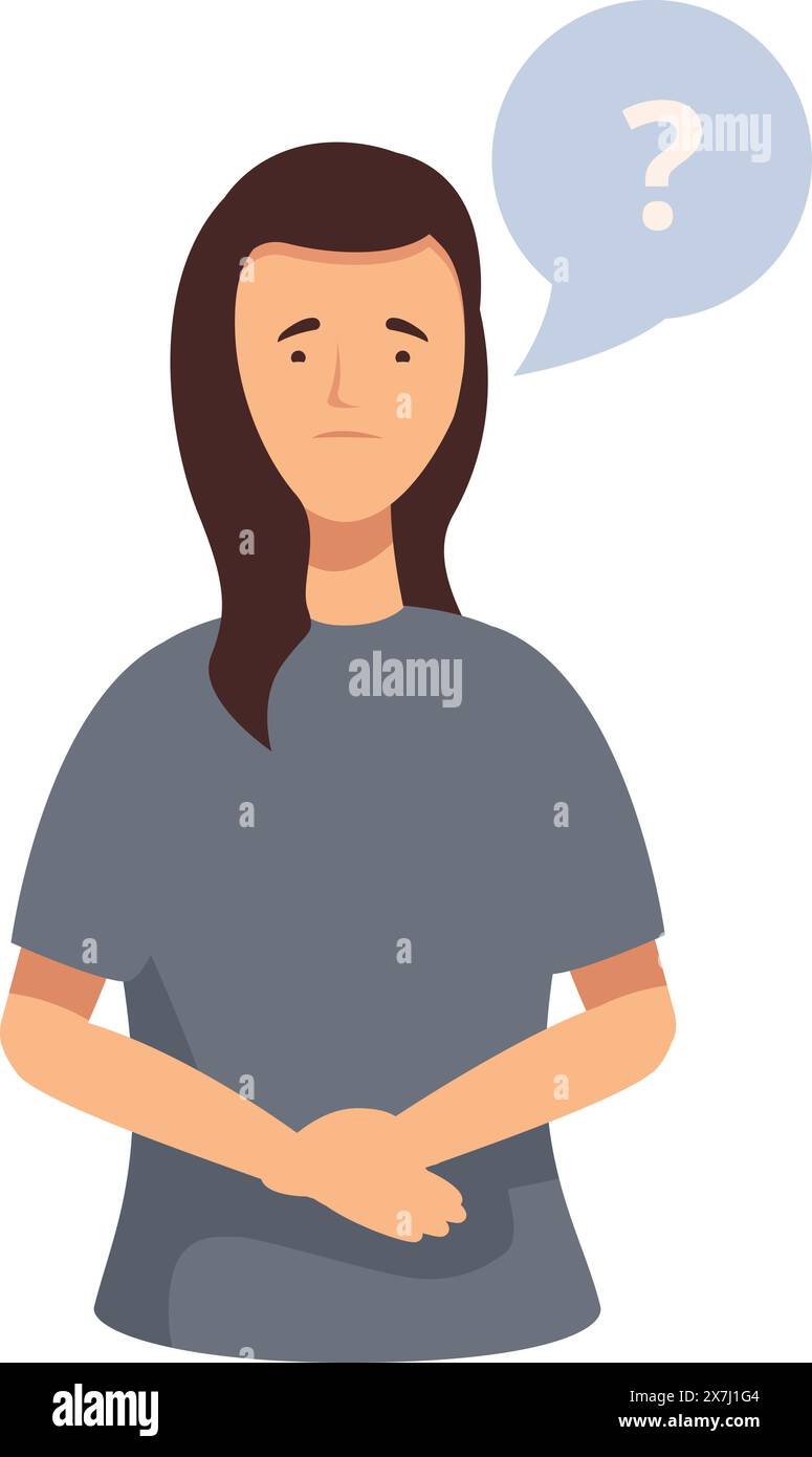 Illustrated confused woman with a speech bubble featuring a question mark, representing inquiry or doubt Stock Vector