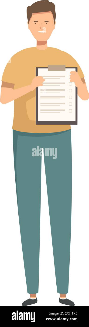 Illustration of a young adult male standing and holding a clipboard ...