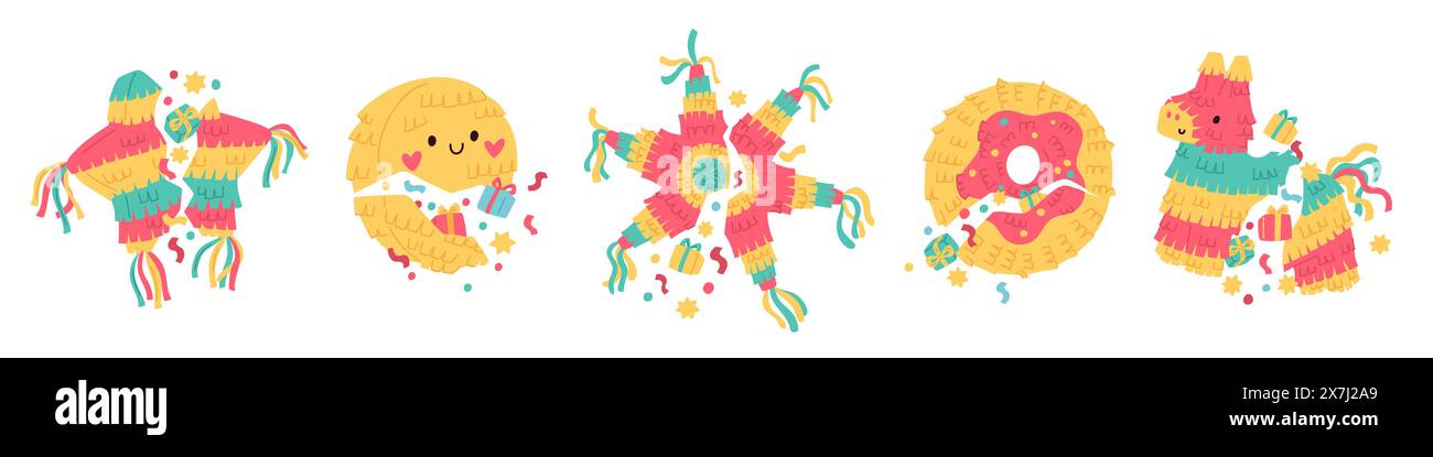 Broken pinata. Colorful party decorations with confetti and gifts for ...
