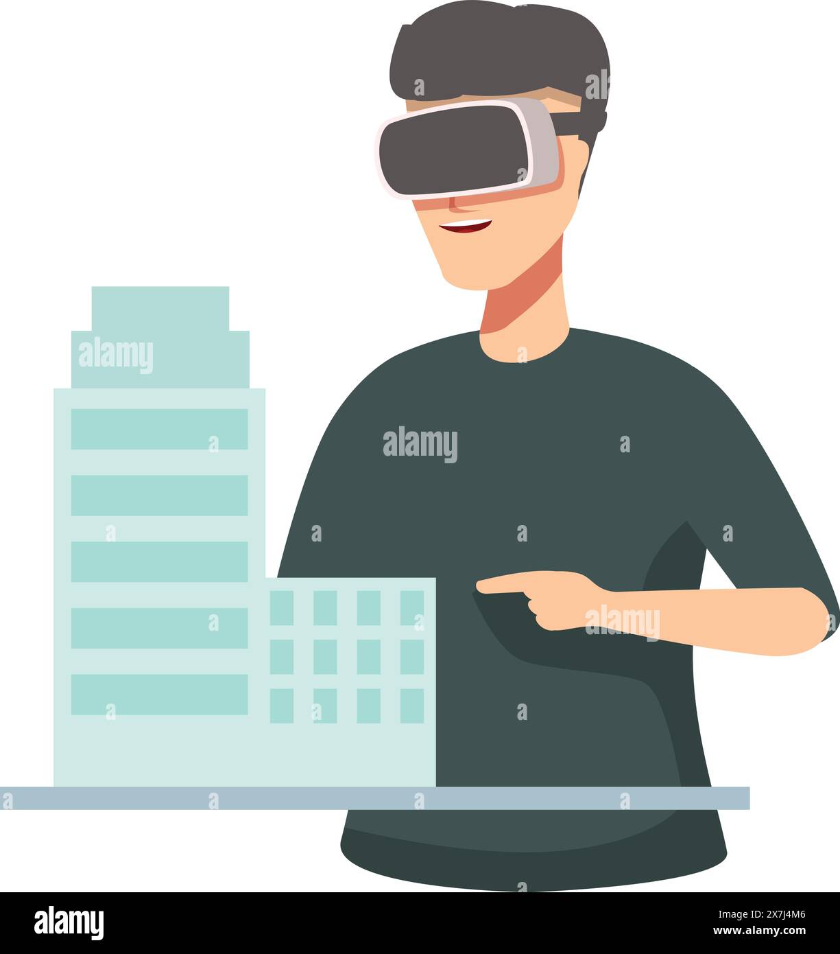 Male cartoon character uses vr headset to interact with a 3d building model Stock Vector
