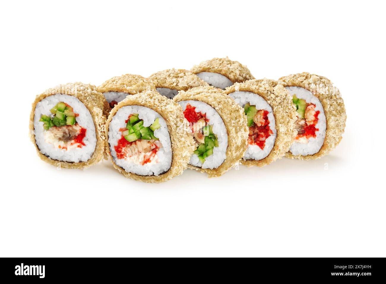 Warm tempura rolls with eel fillet, cream cheese, tobiko roe and cucumbers coated with crispy